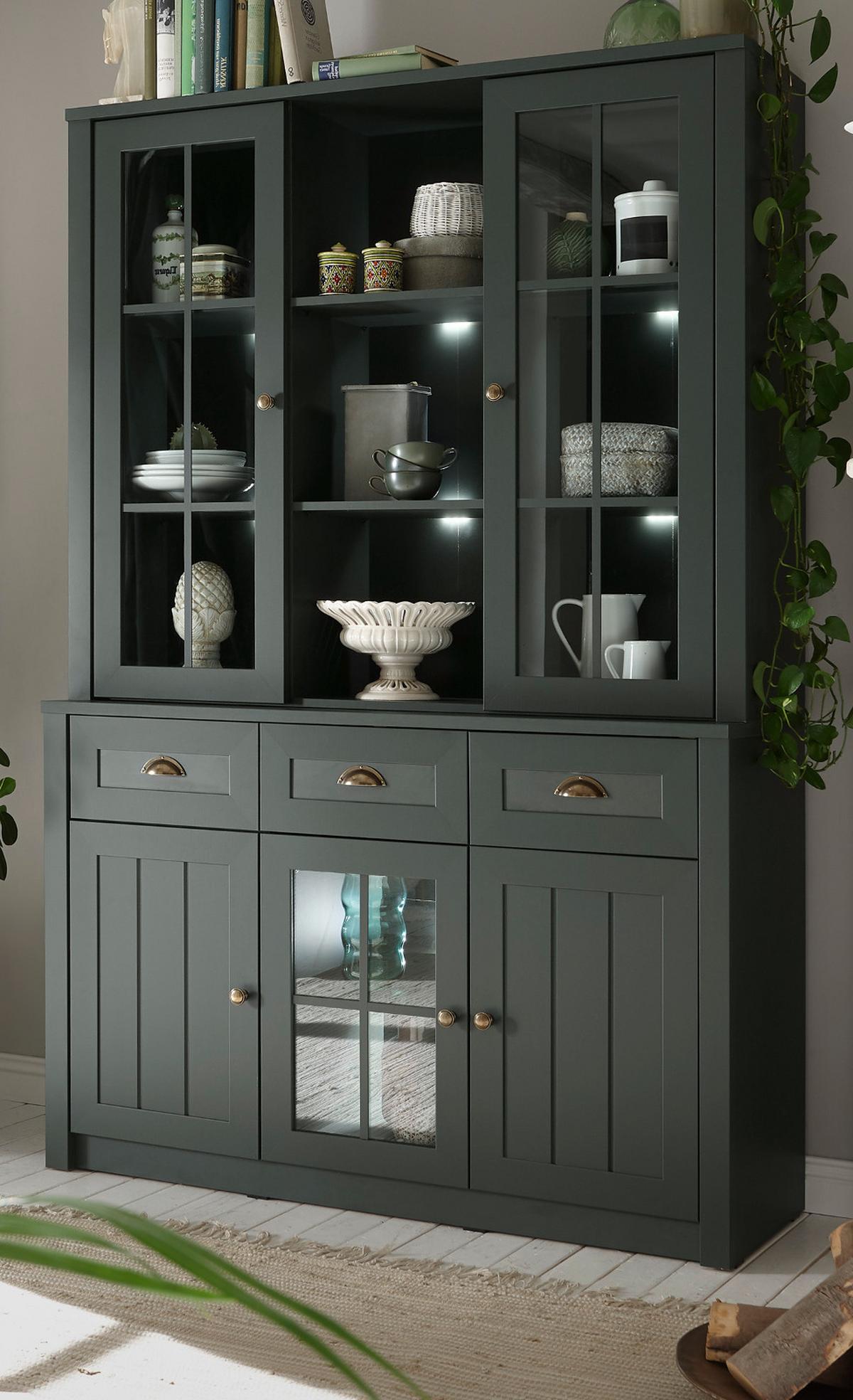 BUFFETSCHRANK grün 130 x 196 cm, Buffet Landhaus-Stil - Chromfarben/Schwarz, Glas/Holzwerkstoff (130/196/43cm) - Furn.Design