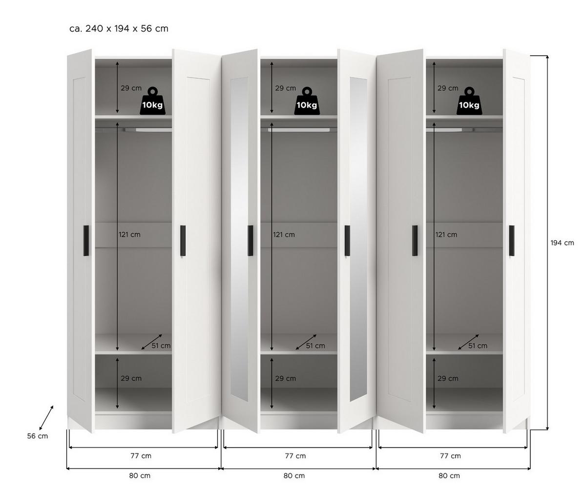KLEIDERSCHRANK in weiß 240 x 194 cm skandinavisch, Drehtürenschrank 6-türig mit Spiegel - Schwarz/Weiß, Glas/Holzwerkstoff (240/194/56cm) - Inn.Furn