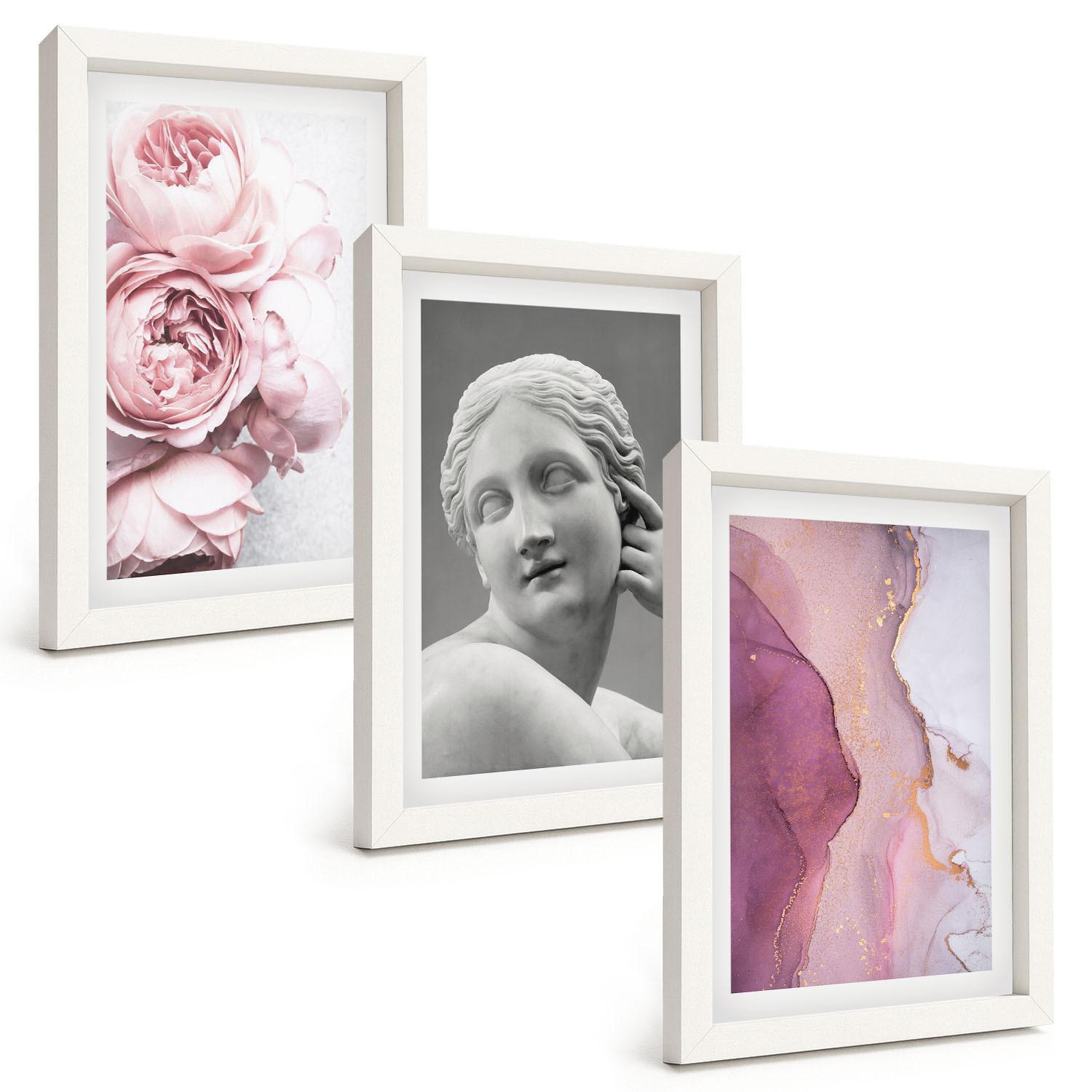 BILDER SET 3er Set - 20x30 cm Weißer Rahmen - Pfingstrosen abstrakte Frauenskulptur - Weiß, Kunststoff (20/30cm) - TULUP