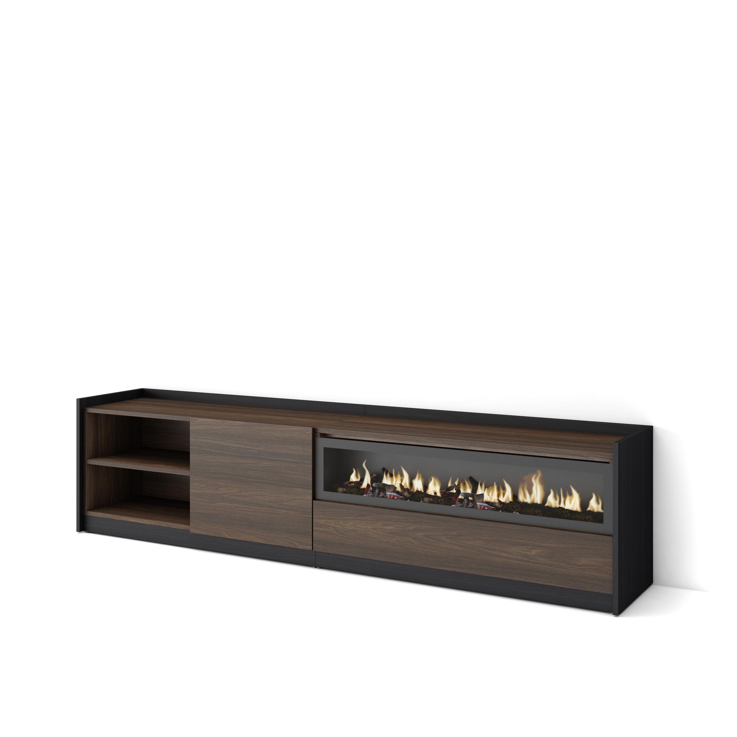 LOWBOARD, Dunkler Eiche und Schwarz, Elektrokamin, 207/37/50cm - Hellbraun, Holzwerkstoff (207/50/37cm) - Skraut Home