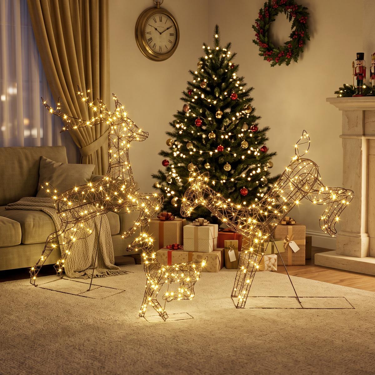 BELEUCHTETE-WEIHNACHTSDEKORATION 3er Set Metall Kunststoff-Rattan Braun - Braun, Metall (25/120/75cm) - Outsunny