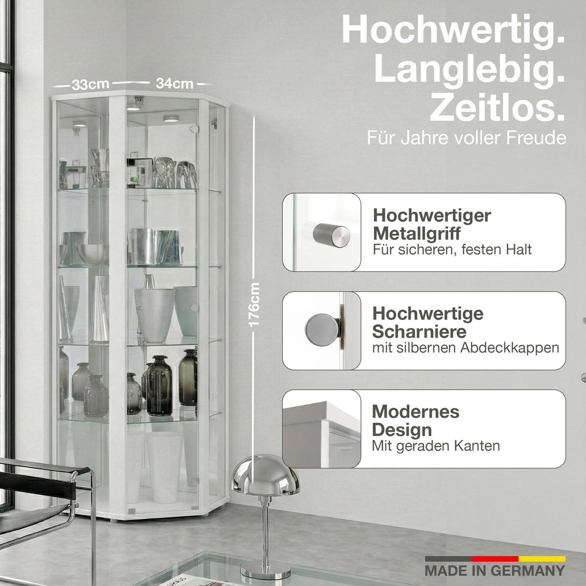 ECKVITRINE 56,5/56,5/176 cm mit Spiegel, LED & Schloss - Transparent/Silberfarben, Glas/Holzwerkstoff (56.5/176/56.5cm) - K-Möbel