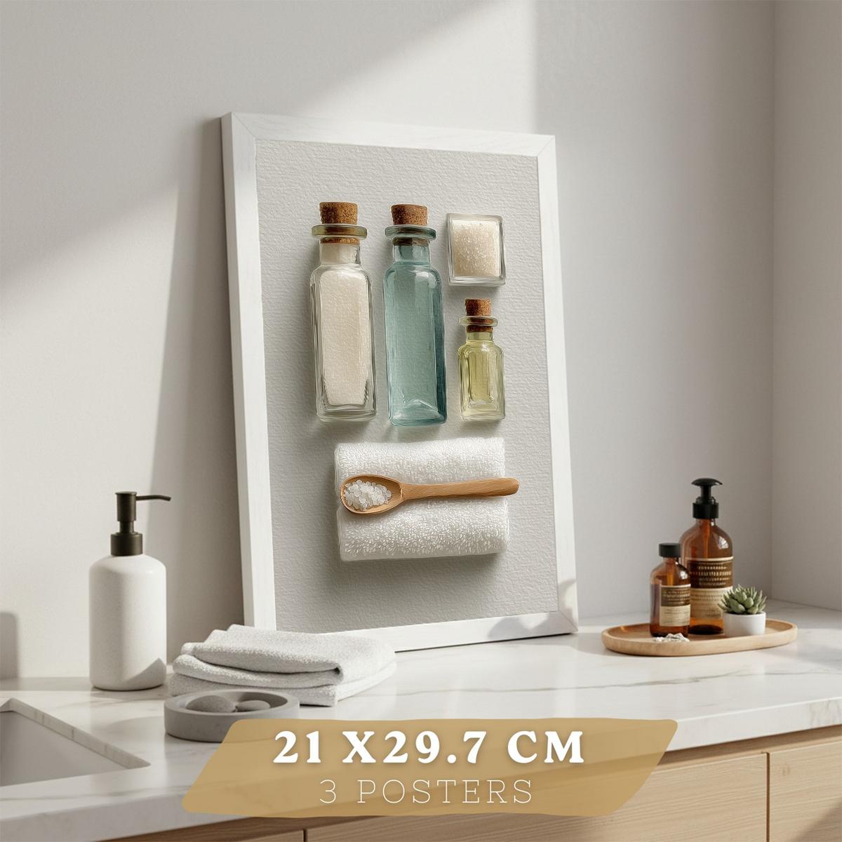 POSTER 3er-Set dekorative Badezimmer-Wandbilder und für Waschbecken, Dusche, WC mit Flaschen, Badesalz und Handtüchern, Naturstil Rahmenlos A4 - Klar, Papier (29.7/21/3cm) - Nacnic