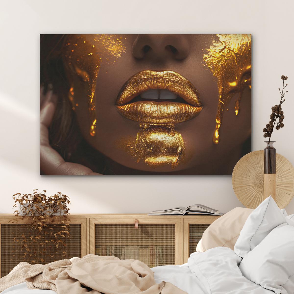 AKUSTIKBILD Frau - Gold - Luxus - Porträt Wandbild Wohnzimmer 100x70 cm - Goldfarben, Kunststoff (100/70/0.9cm) - MuchoWow