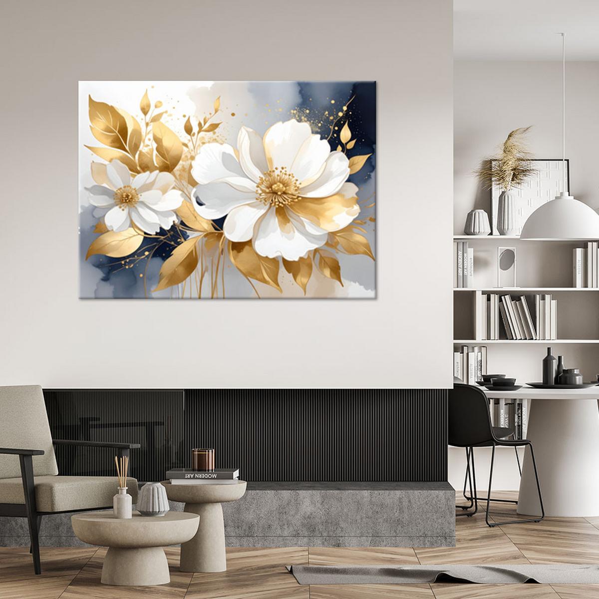 BILD auf Leinwand, Weiße Blumen und goldene Blätter - Weiß, Textil (120/80cm) - Feeby