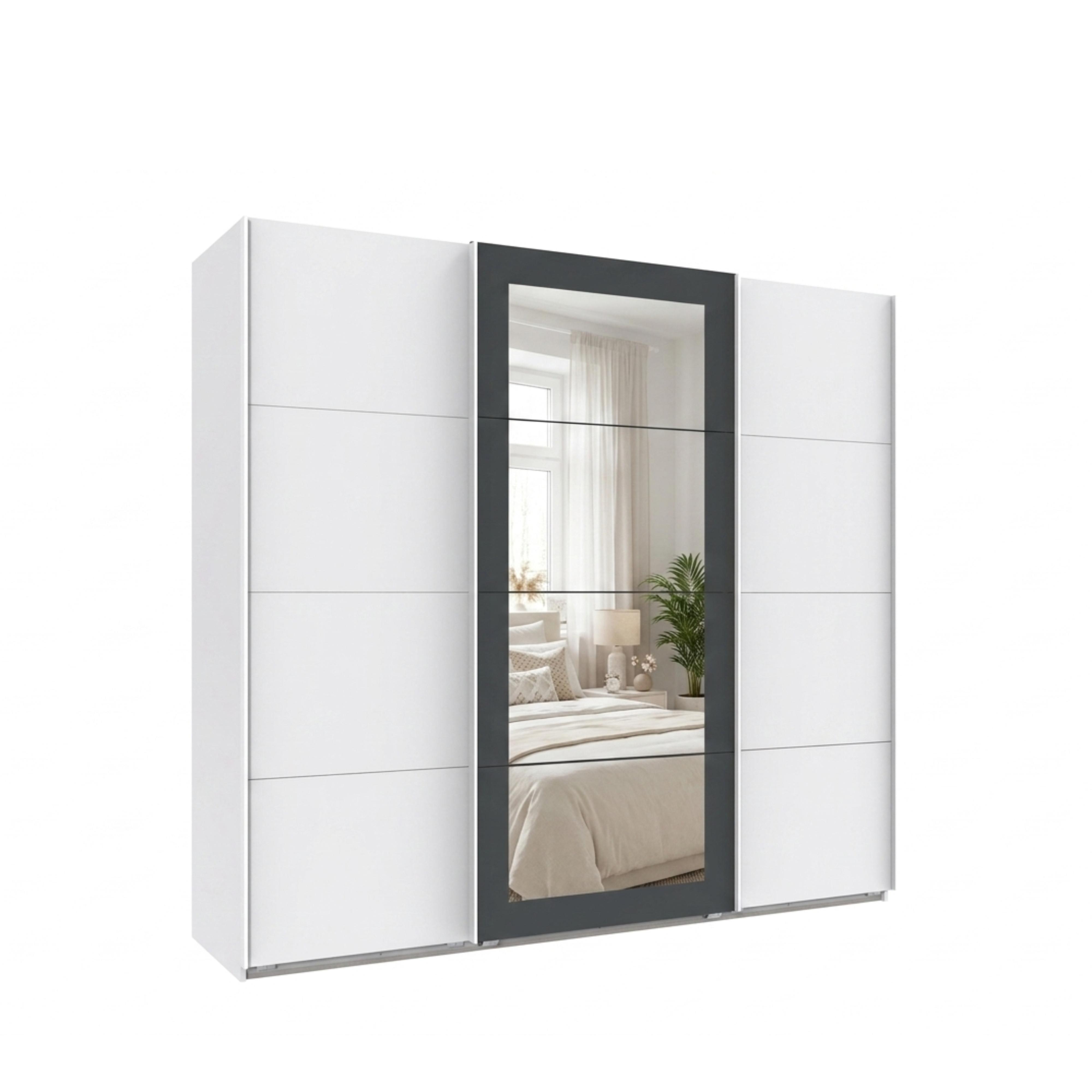SCHWEBETÜRENSCHRANK 3-türig B225/H208/64 cm Kleiderschrank in Weiß, Spiegel umrahmt in Grafit, Griffe Weiß / 22626 - Graphitfarben/Weiß, Holzwerkstoff/Metall (225/208/64cm) - luma-home
