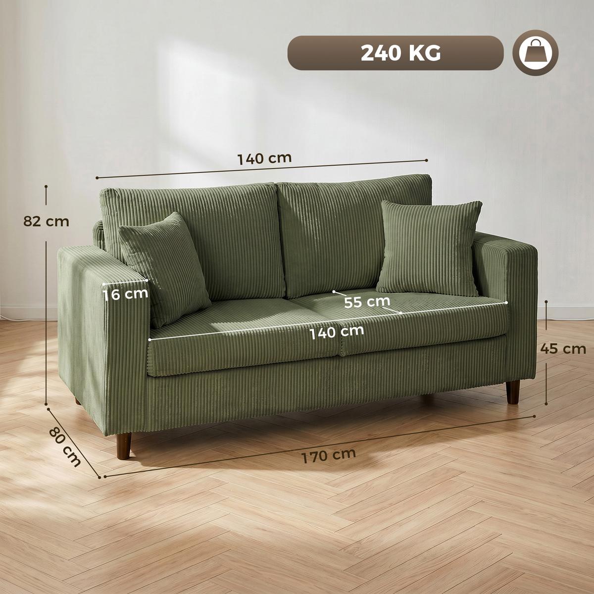 2-SITZER-SOFA Cord 100 Polyester Kautschukholz Grün - Naturfarben/Grün, Holz/Textil (80/82/170cm) - HOMCOM