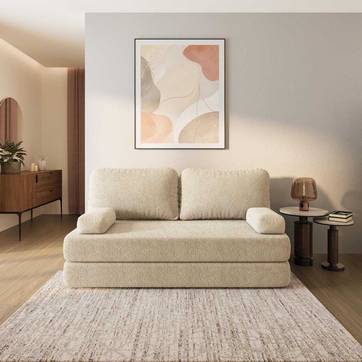 BETTSOFA NIKSI aus Schaumstoff Bucle-Stoff Creme Schlaffunktion - Creme, Textil (170/86/80cm) - MASSENO