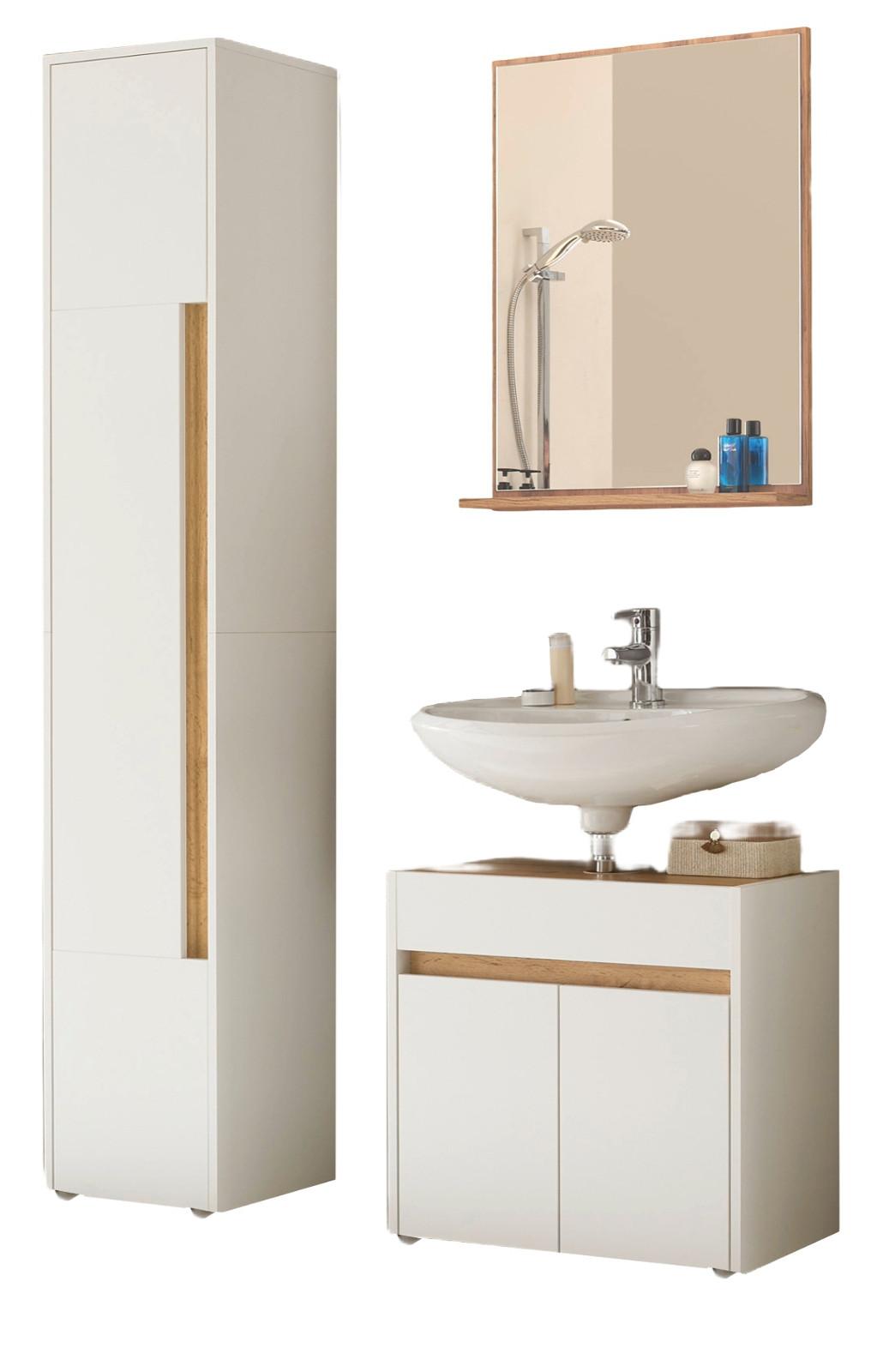 BADMÖBEL-SET 3-teilig weiß, Wotan Eiche, Badkombination 114 cm - Eiche Wotan/Silberfarben, Glas/Holz (116/200/34cm) - Furn.Design