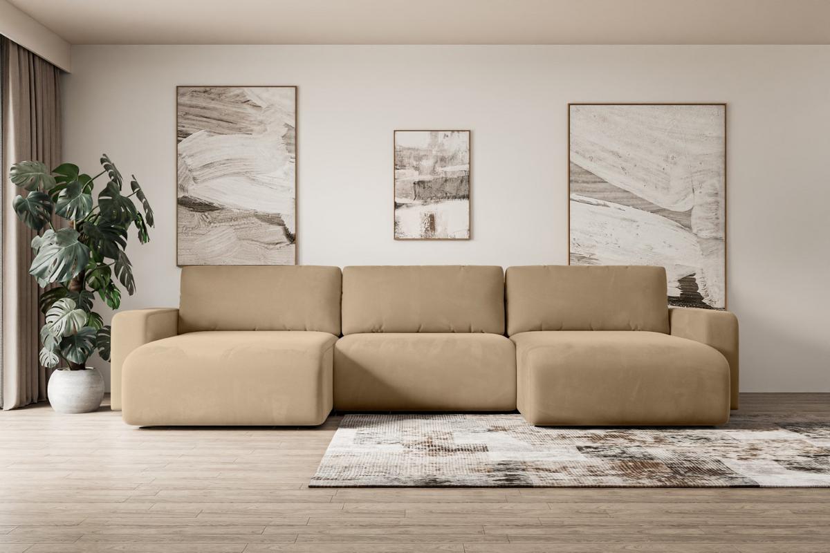 WOHNLANDSCHAFT mit Schlaffunktion und Bettkasten KLEEA-U - 347x143x83 cm Beige Velours - Beige/Schwarz, Holzwerkstoff/Kunststoff (347/83/143cm) - ALTDECOR