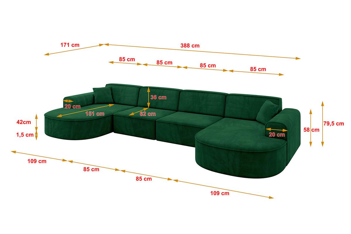 WOHNLANDSCHAFT MARI-U2 - 388x171x79 cm Dunkelgrün Velours - Dunkelgrün/Schwarz, Holzwerkstoff/Kunststoff (388/79/171cm) - ALTDECOR