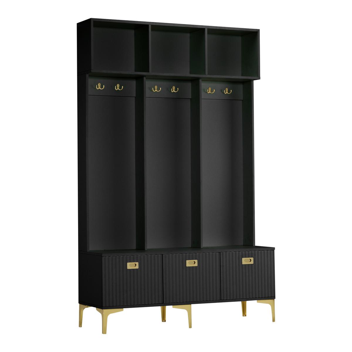GARDEROBEN schwarz & gold, mit sitzbank und 6 haken - Schwarz, Holzwerkstoff (120/191/40cm) - Urban Meuble