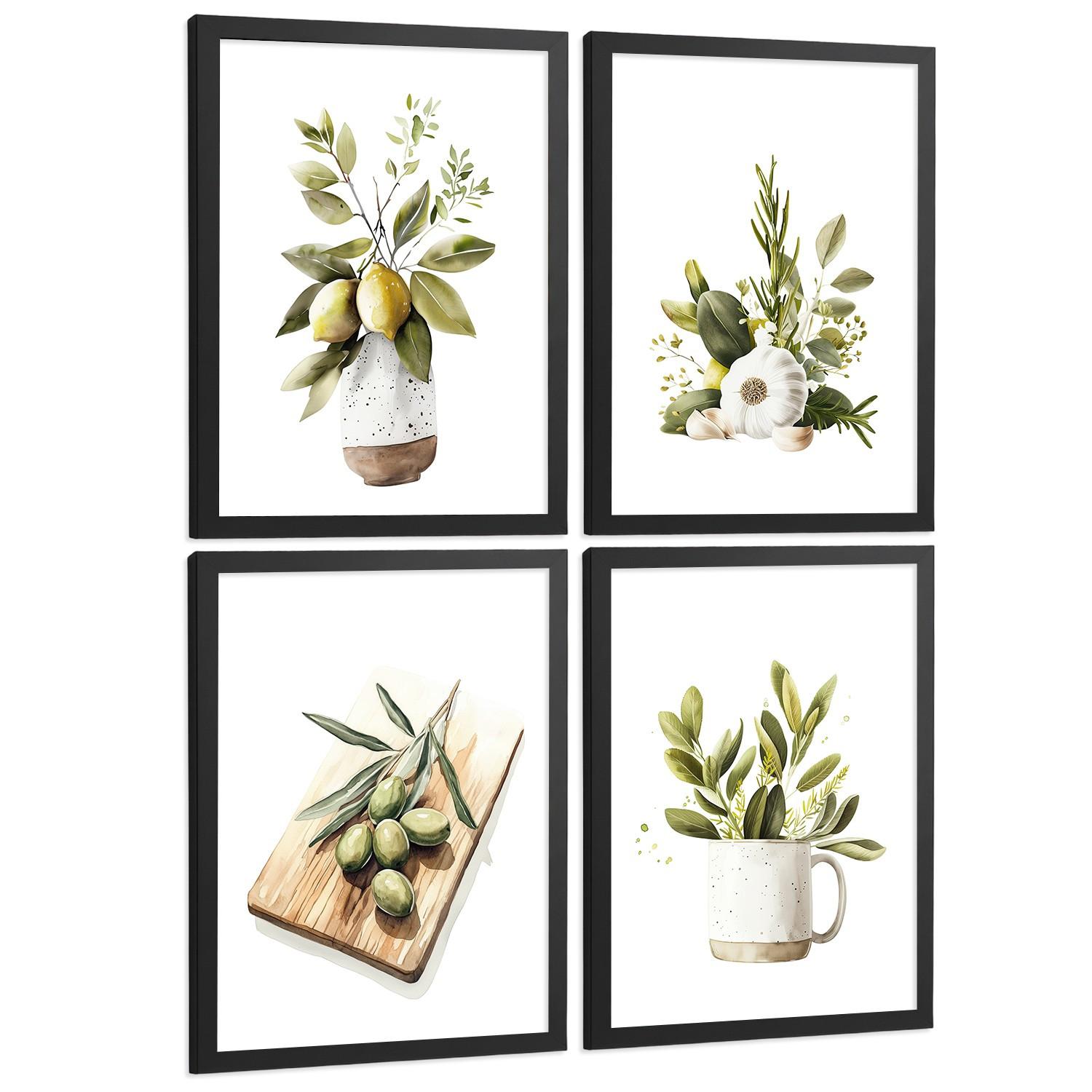 POSTER 4er Set Mediterrane Küchen-Wandbilder Zitronen Knoblauch Oliven Kräuter Aquarell Esszimmer Deko Schwarzer Rahmen A4 - Schwarz, Papier (29.7/1/21cm) - Nacnic