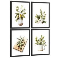 POSTER 4er Set Mediterrane Küchen-Wandbilder Zitronen Knoblauch Oliven Kräuter Aquarell Esszimmer Deko Schwarzer Rahmen A4 - Schwarz, Papier (29.7/1/21cm) - Nacnic