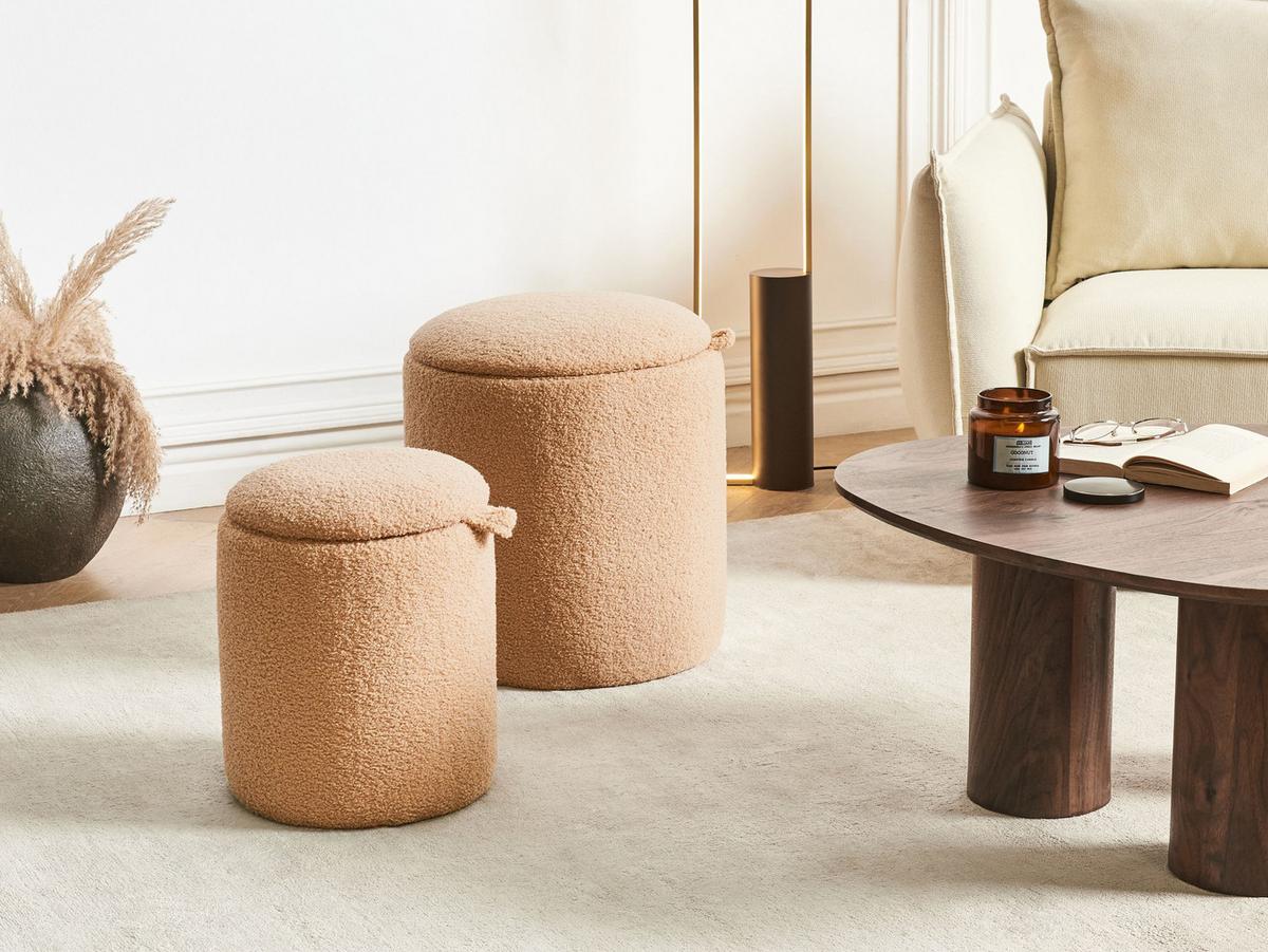POUF 2er-Set Bouclé Hellbraun - Hellbraun, Textil (30/37/30cm) - Beliani
