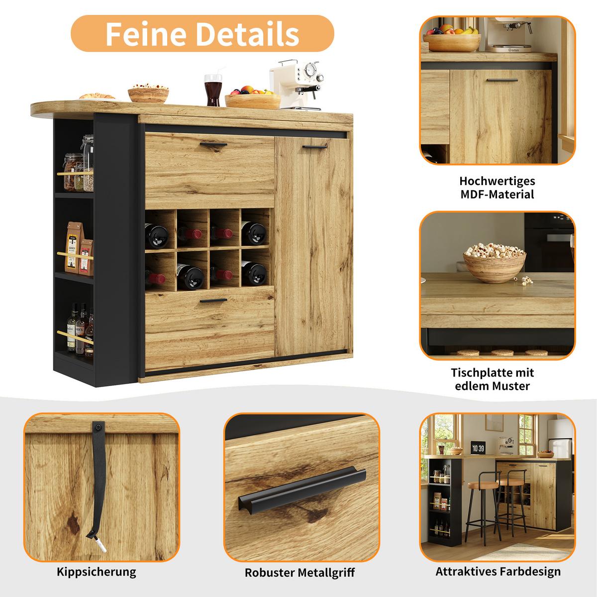 BARTISCH Ausziehbar 138-220cm Holzoptik mit Stauraum & Weinregal - Naturfarben, Holzwerkstoff (39/138/105cm) - Urban Meuble
