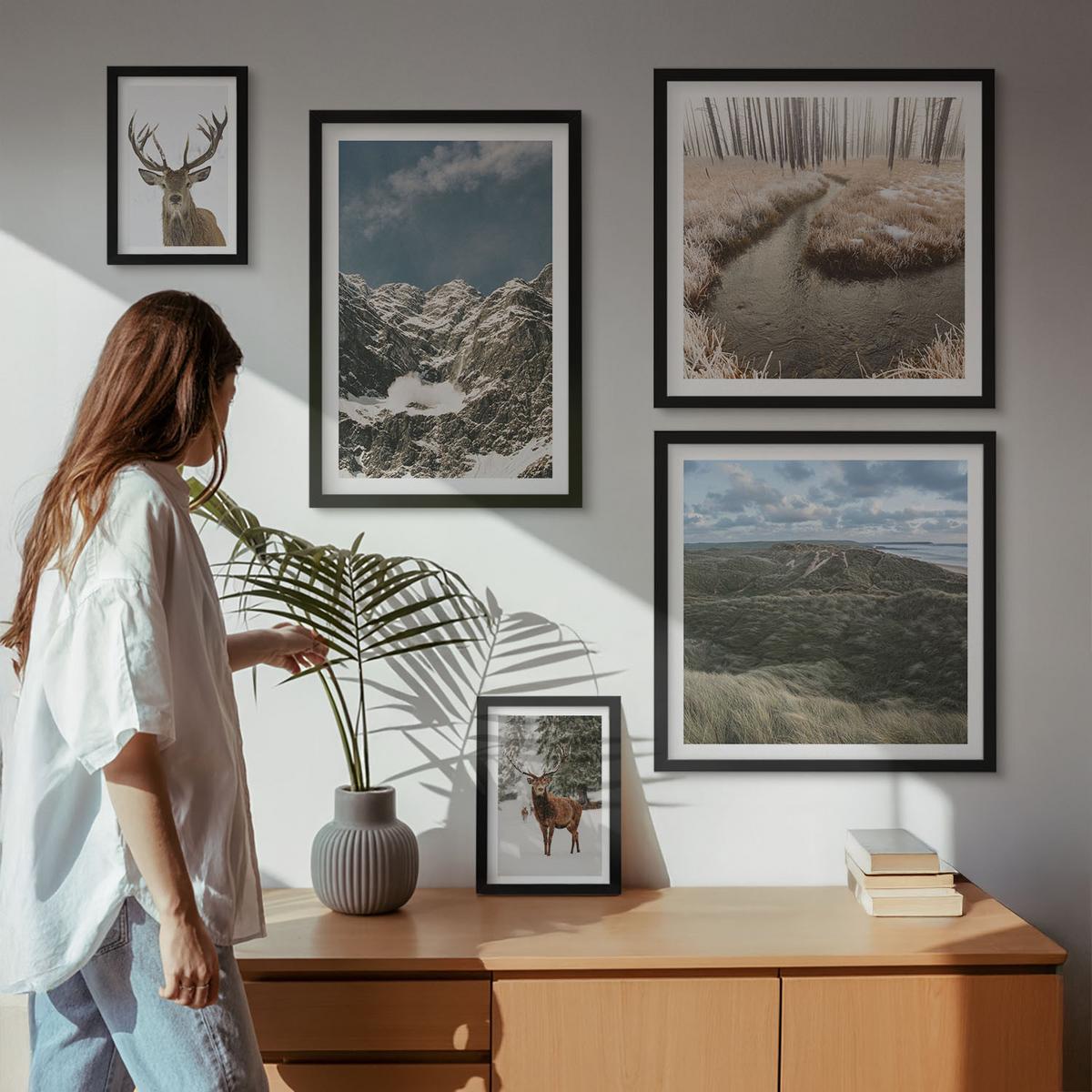 BILDER SET 5er Set - 50x50 cm & 20x30 cm & 40x60 cm Schwarzer Rahmen - Berge, Schnee, Hirsche, Waldlandschaft - Schwarz, Kunststoff (40/60cm) - TULUP