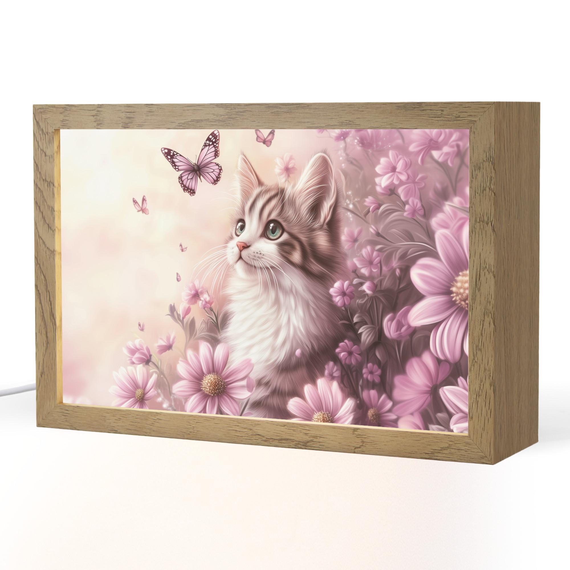 NACHTTISCHLAMPE Kätzchen - Blumen - Schmetterlinge - Lila 30x20 cm - Altrosa, Holzwerkstoff (8/30/20cm) - OnlyWow