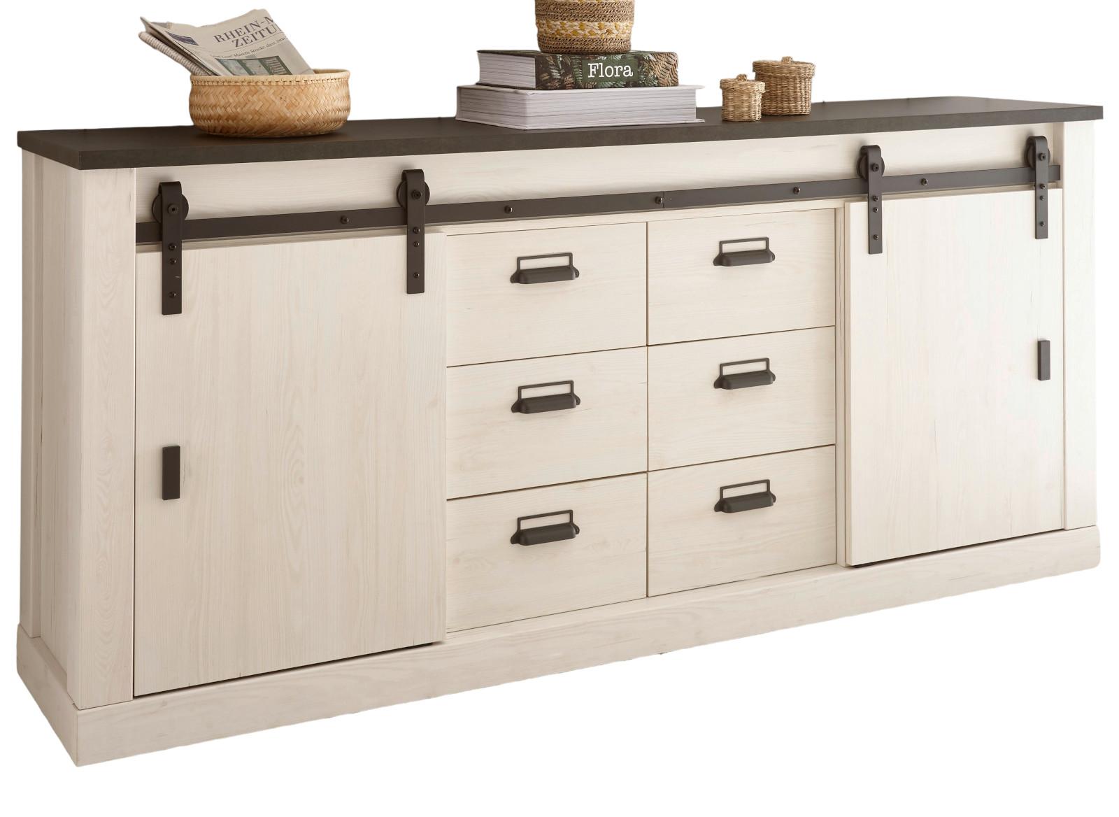 SIDEBOARD weiß Pinie, anthrazit Landhaus, Kommode 201 cm - Anthrazit/Weiß, Holzwerkstoff/Metall (201/91/43cm) - Furn.Design