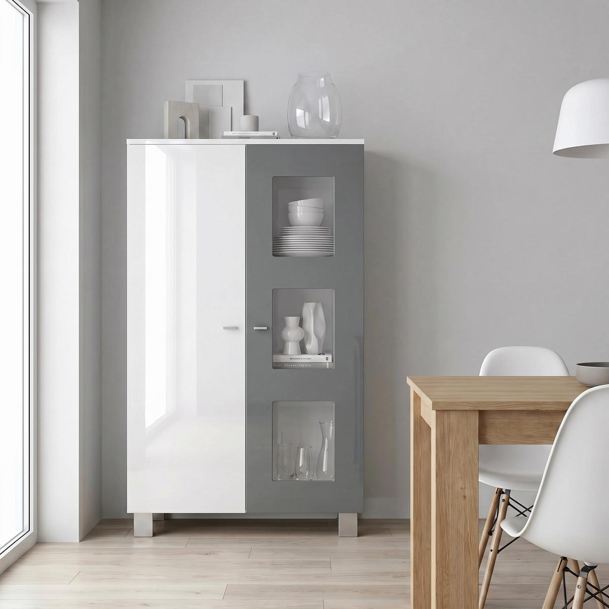 VITRINE Denjo Tür in Grau Hochglanz - Grau, Holzwerkstoff (71/129/35cm) - Vladon