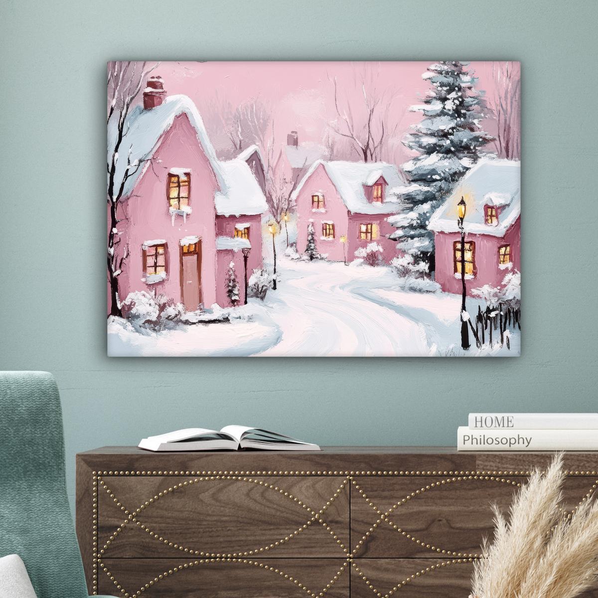 LEINWANDBILD Weihnachtsdorf - Rosa - Winter - Schnee - Häuser Wandbilder 80x60 cm - Altrosa, Textil (80/60cm) - MuchoWow