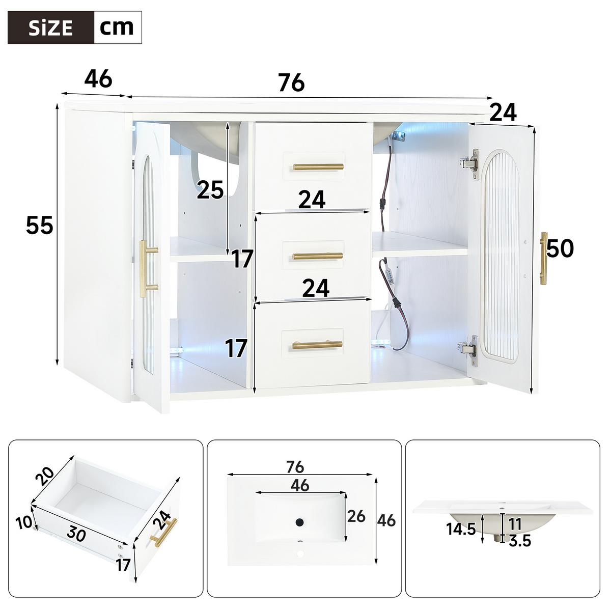WASCHTISCH mit Unterschrank 76cm Weiß Holzoptik mit LED & Glastür - Weiß, Holzwerkstoff (76/55/46cm) - Urban Meuble