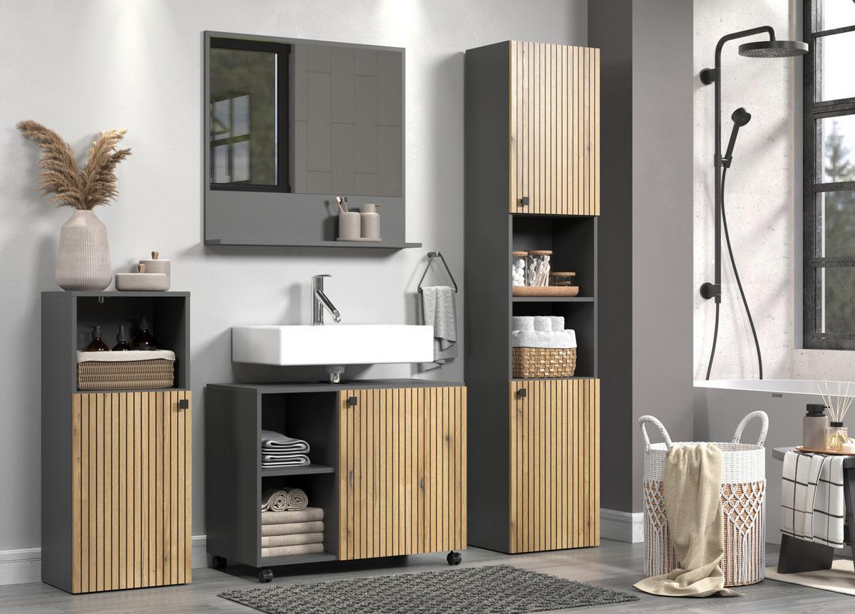 BADSPIEGEL grau 80 cm, Badezimmer Spiegel mit Ablage - Grau, Glas/Holzwerkstoff (80/74/14cm) - Top.Furn