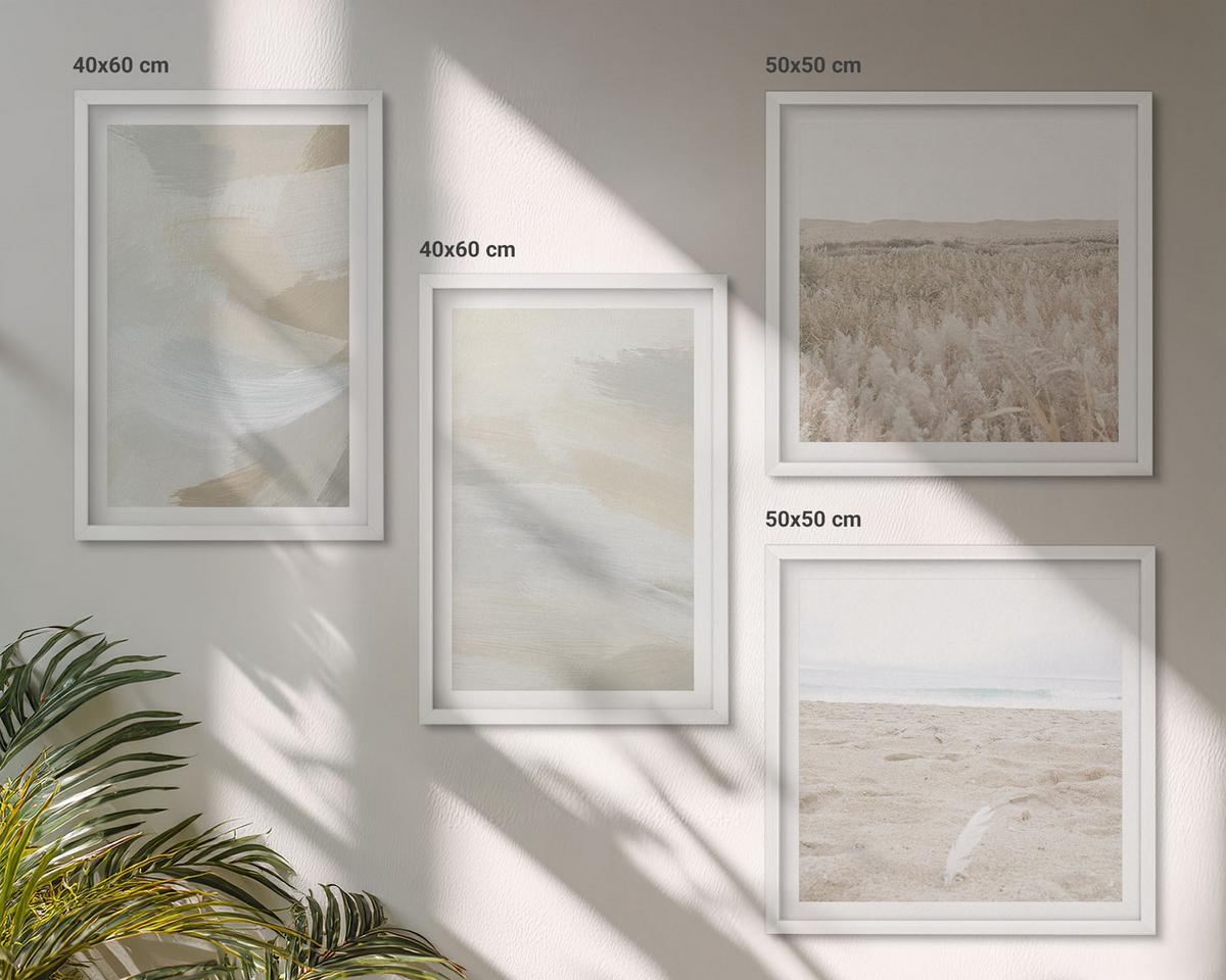 BILDER SET 4er Set - 50x50 cm & 40x60 cm Weißer Rahmen - Abstrakter Hintergrund mit feinen Strichen - Weiß, Kunststoff (50/50cm) - TULUP