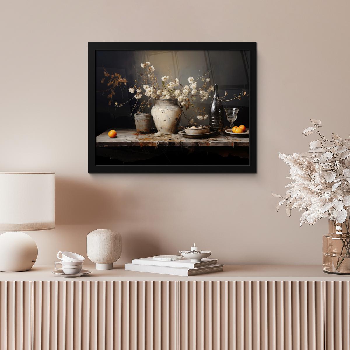 POSTER MIT RAHMENGERAHMTES BILD Stilleben - Blumen - Blumenstrauß - Vase - Wein 40x30 cm - Schwarz, Papier (40/30cm) - MuchoWow