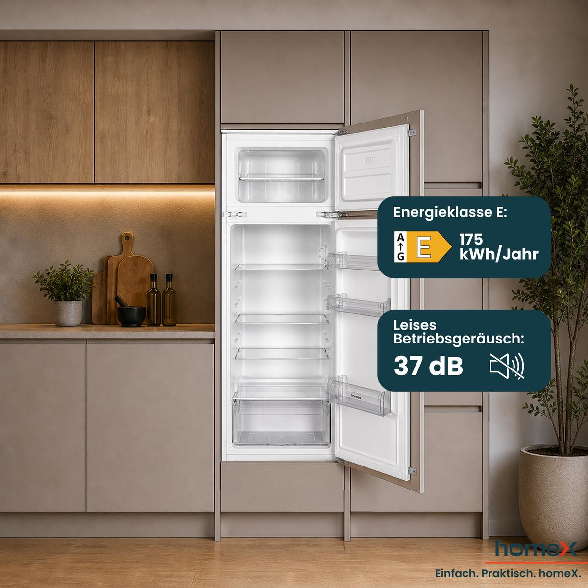 KÜHL-GEFRIER-KOMBINATION Einbau, 145cm Nische, 205 Liter, Schlepptürtechnik, Einbaukühlschrank mit Gefrierfach, CFB2051E - Weiß, Glas/Kunststoff (54/145/54cm) - homeX