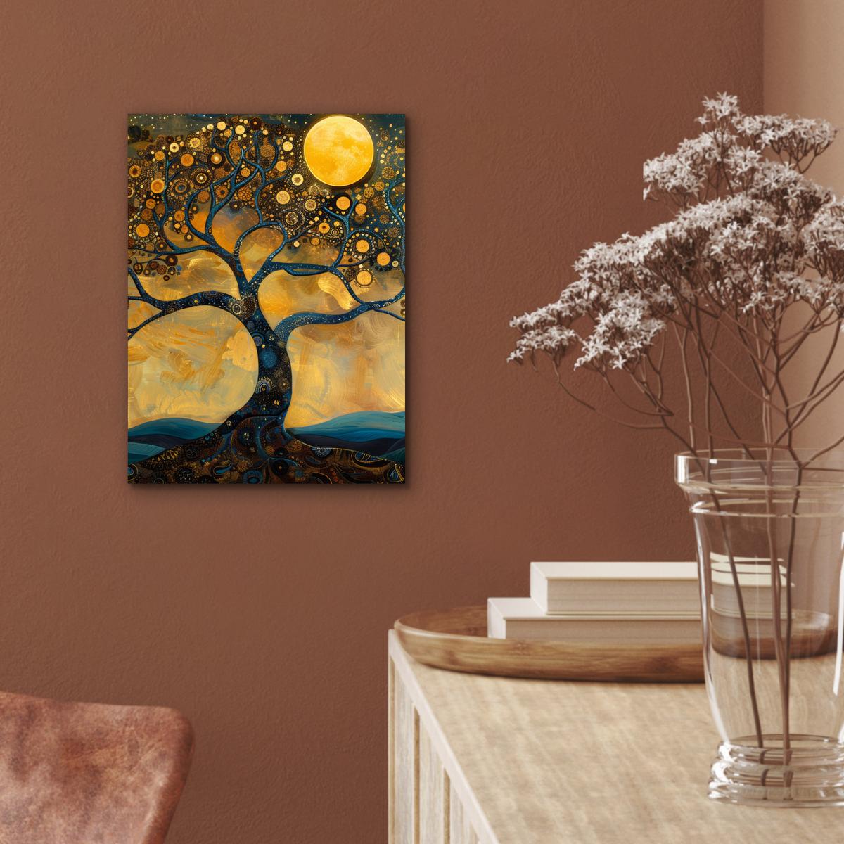 METALLBILD Baum - Mond - Blumen - Gold - Kunst 30x40 cm - Orange, Metall (30/40cm) - MuchoWow