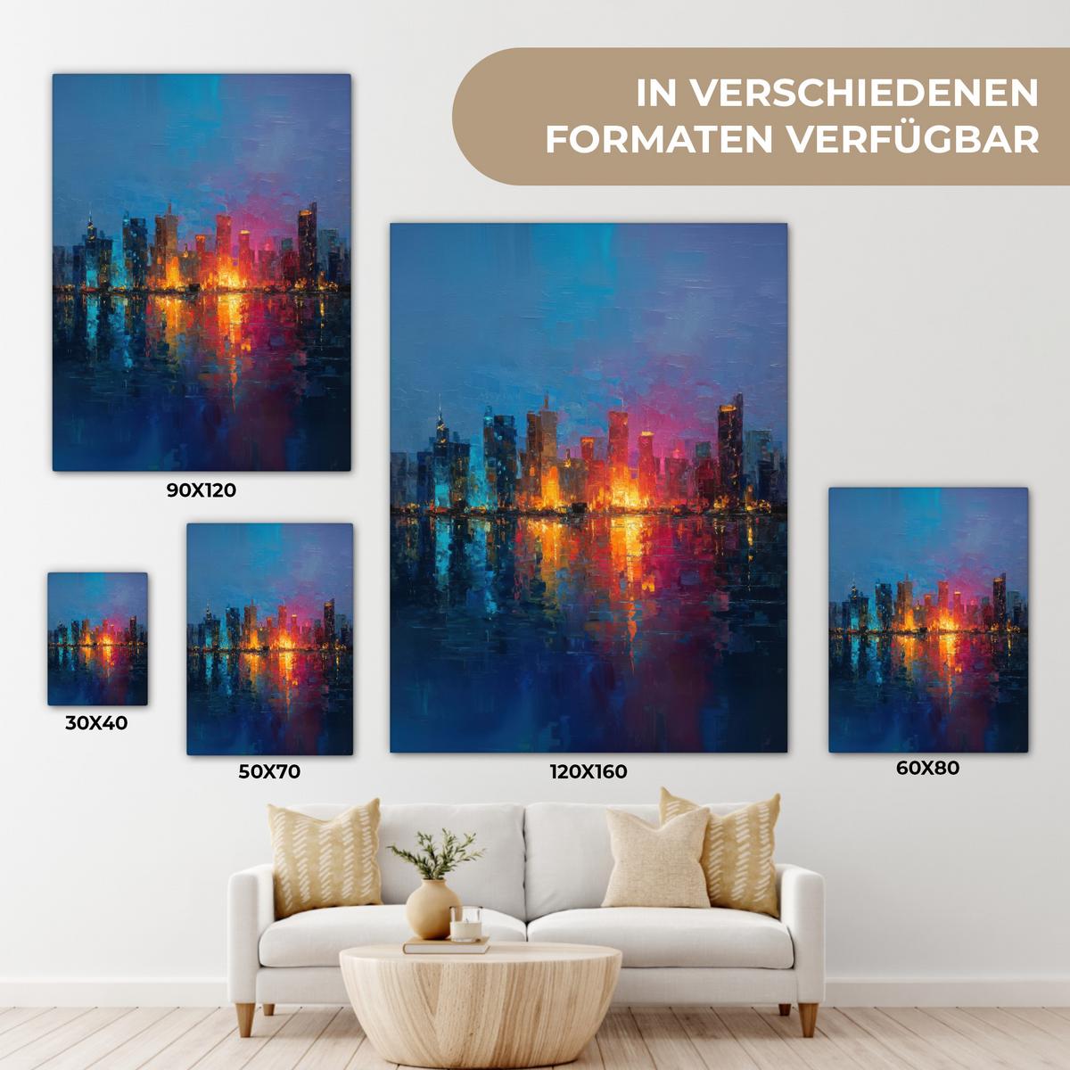 LEINWANDBILD Skyline - Pinselstriche - Dunkelblau - Leuchtend Wandbild Wohnzimmer 60x80 cm - Blau, Textil (60/80cm) - MuchoWow