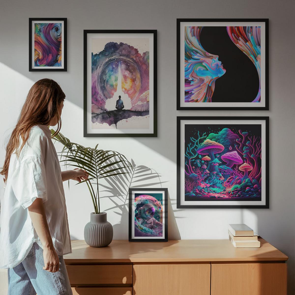 BILDER SET 5er Set - 50x50 cm & 20x30 cm & 40x60 cm Schwarzer Rahmen - Farbenfrohe Fantasy-Kunstillustrationen - Schwarz, Kunststoff (40/60cm) - TULUP