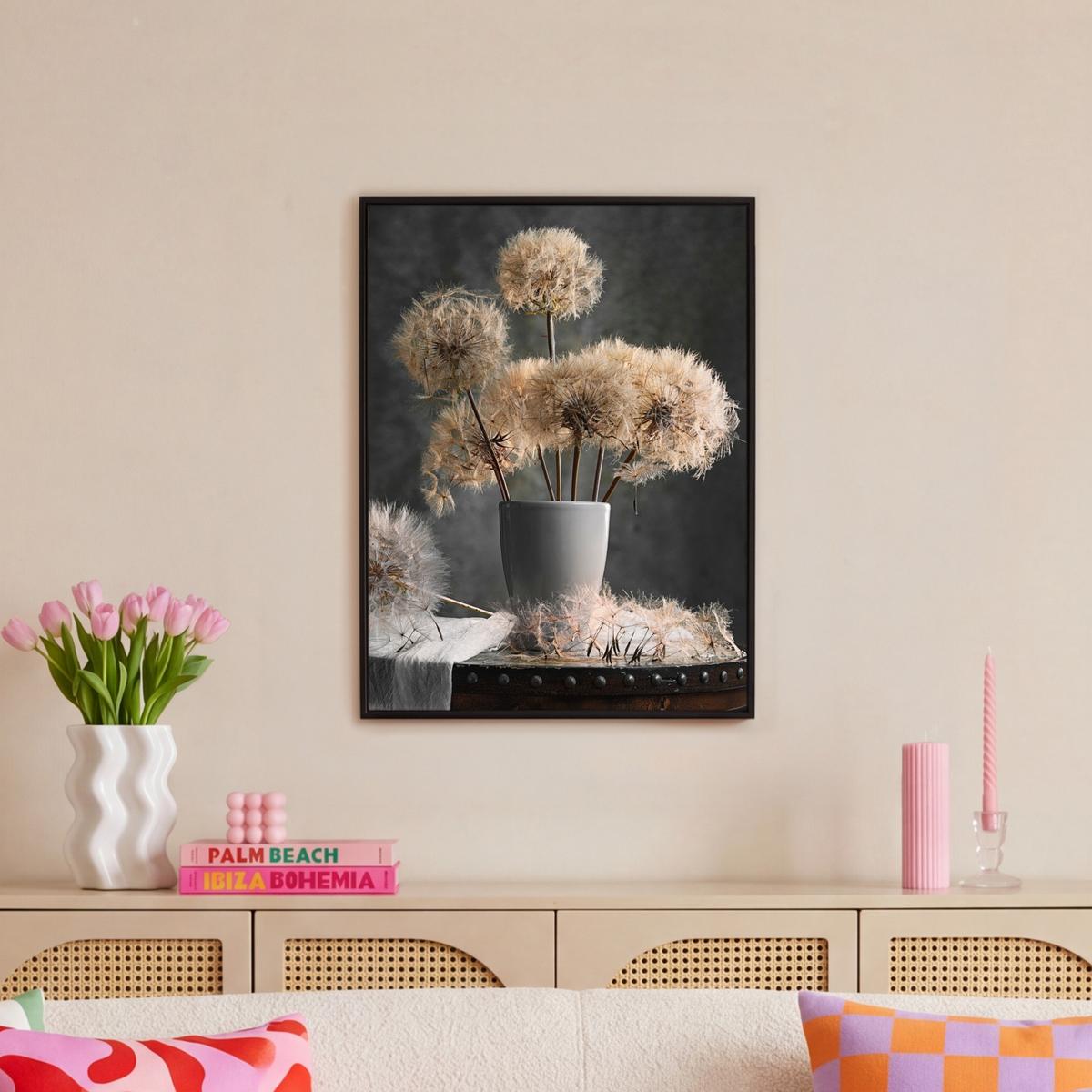 LEINWAND Bilder mit Rahmen - Blumensamen - Löwenzahn - Vase - Stilleben - Blumenstrauß - 50x70 - Dunkelgrau, Textil (50/70cm) - MuchoWow