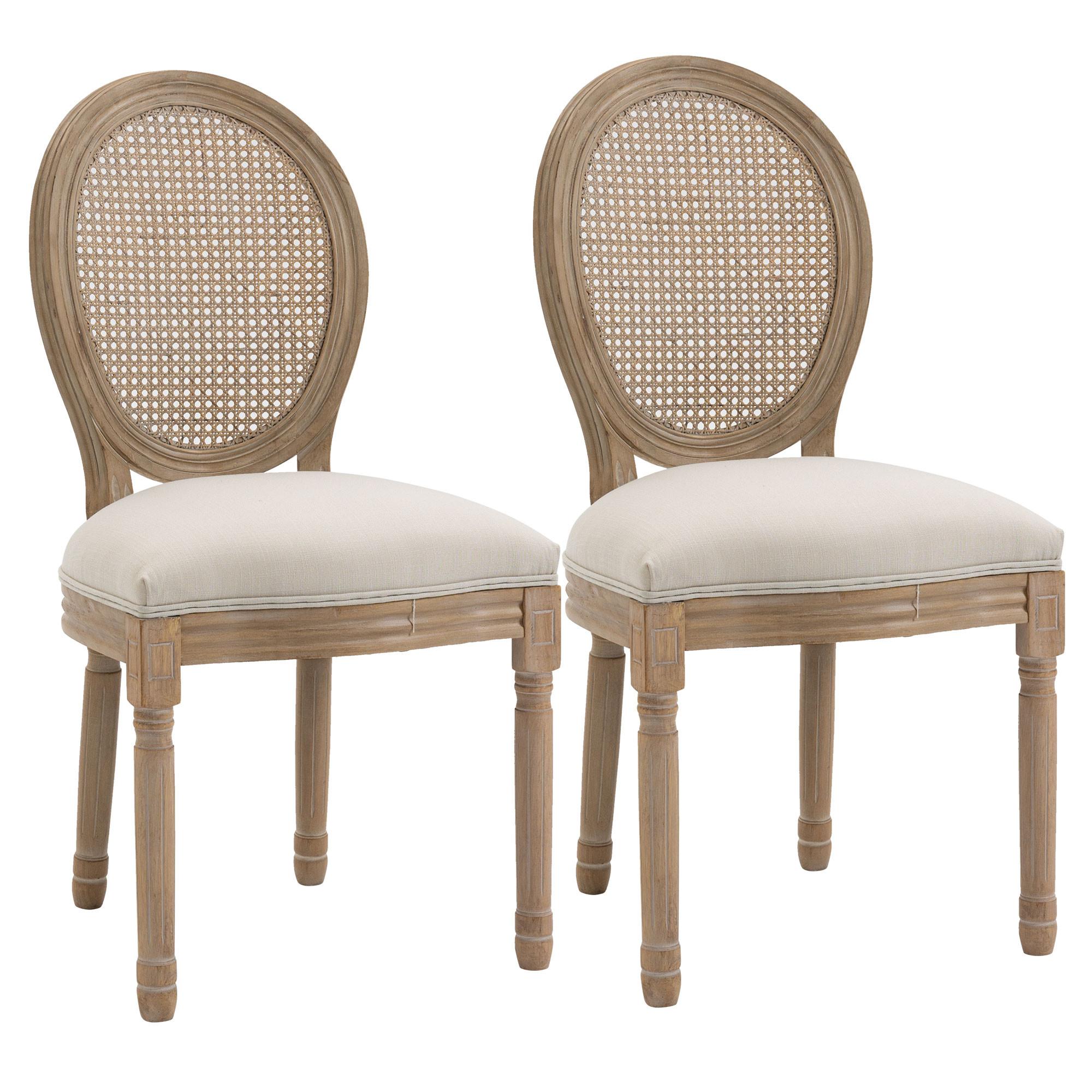 2ER Set Esszimmerstühle Küchenstuhl mit Rattan-Rückenlehne Linen-Touch - Creme/Naturfarben, Holz/Textil (56/96/49cm) - HOMCOM