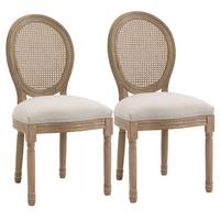 2ER Set Esszimmerstühle Küchenstuhl mit Rattan-Rückenlehne Linen-Touch - Creme/Naturfarben, Holz/Textil (56/96/49cm) - HOMCOM