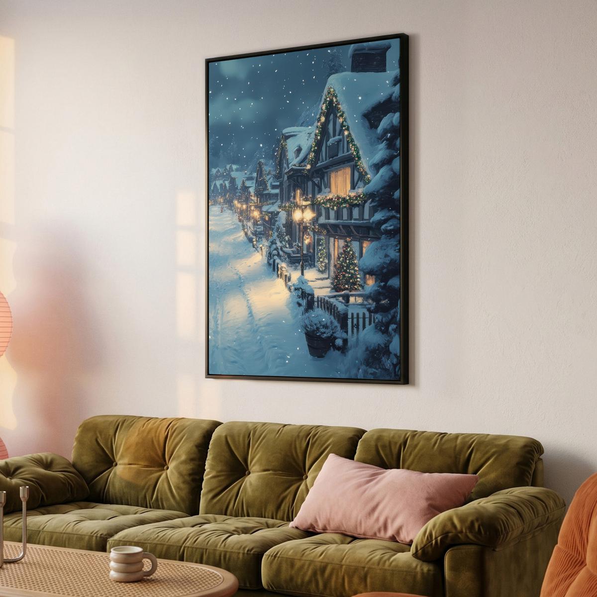 LEINWAND Bilder mit Rahmen - Weihnachtsdorf - Weihnachten - Schnee - Winter - 90x140 - Dunkelblau, Textil (90/140cm) - MuchoWow