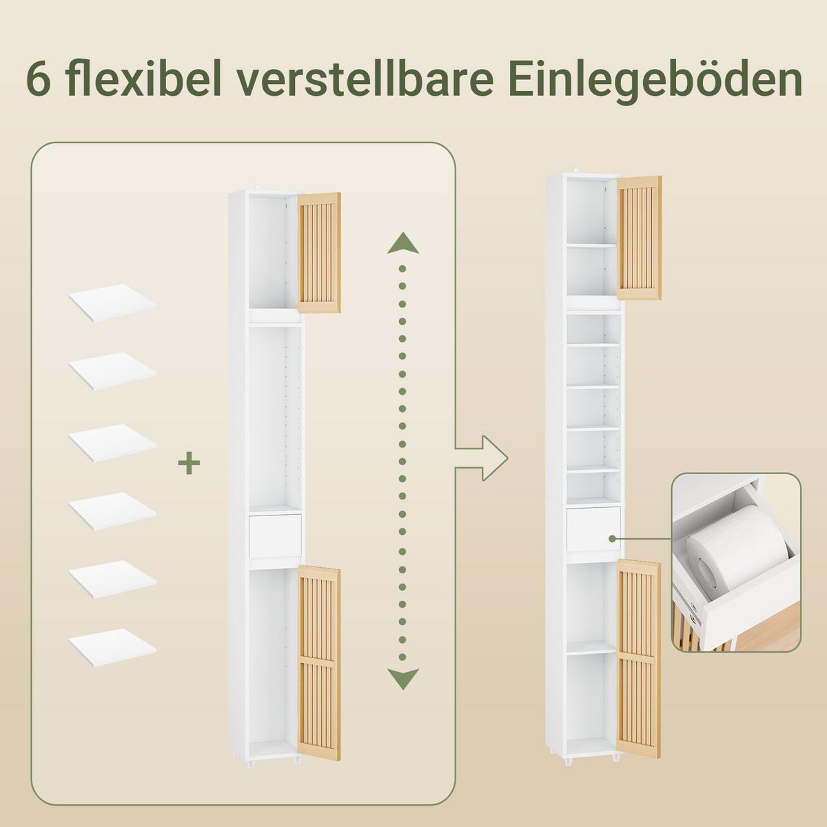 HOCHSCHRANK aus Holz, Schmal Weiß, 20x20x180cm, 20 cm breit, 6 Böden, für Bad & WC - Weiß/Naturfarben, Holzwerkstoff (20/180/20cm) - SoBuy