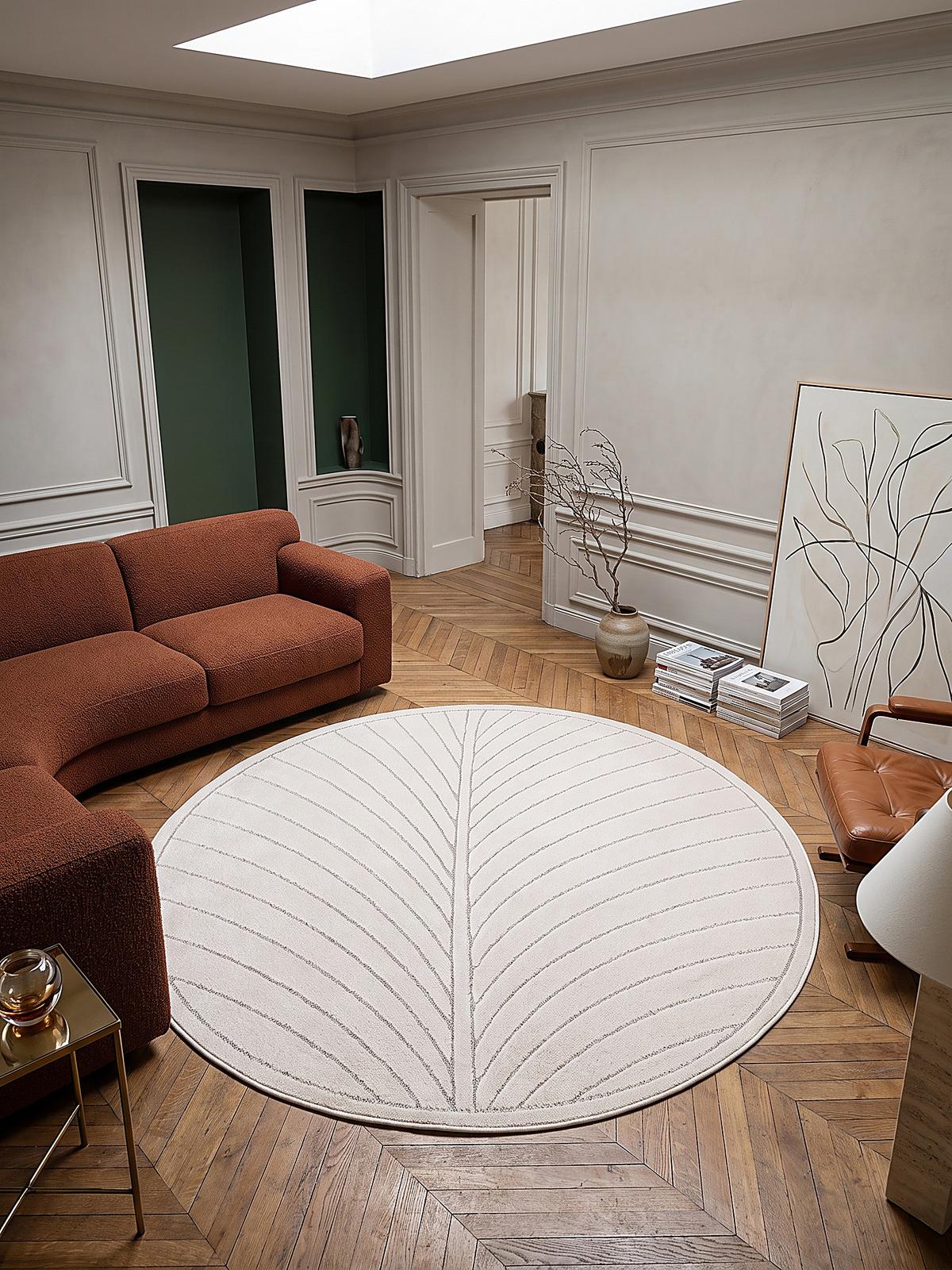 TEPPICH Outdoor, Fußbodenheizung-geeignet, mit Blattmotiv, aus Polypropylen, ENGADIN in Creme, Ø 200 cm - Beige, Textil (200/200cm) - KADIMA DESIGN