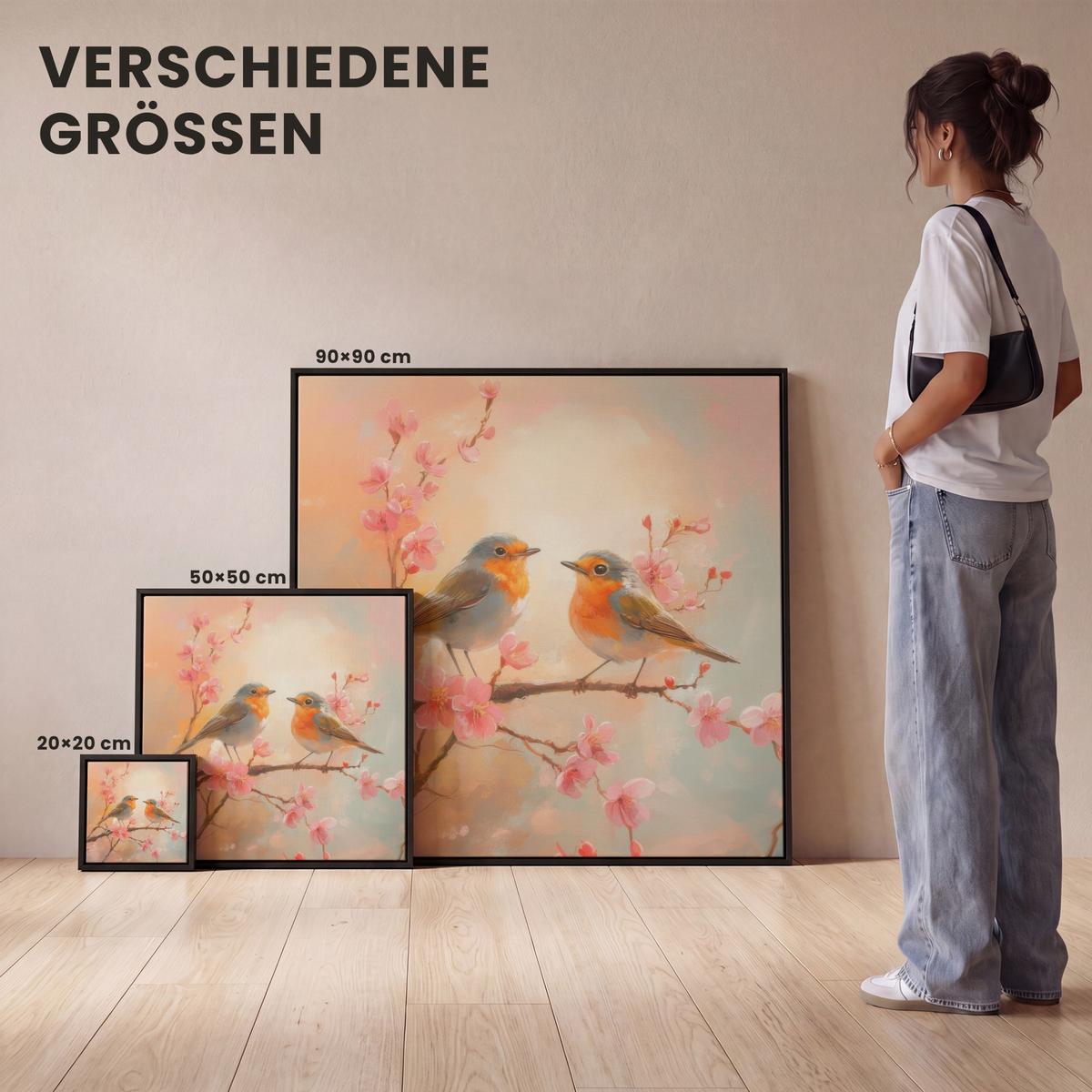 LEINWAND Bilder mit Rahmen - Rotkehlchen - Zierpflanze - Blütenzweig - 90x90 - Hellrosa, Textil (90/90cm) - MuchoWow