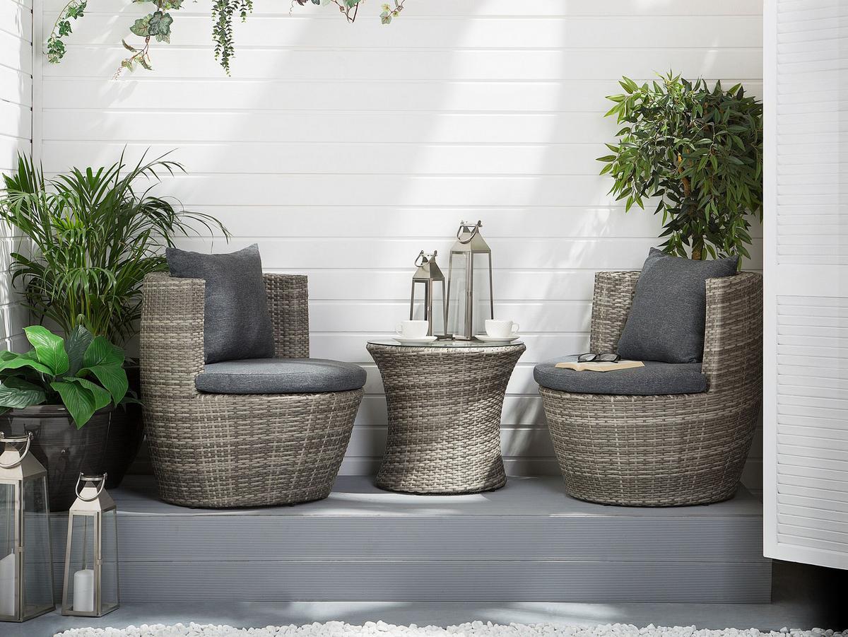 BALKONSET 2-Sitzer Rattan grau Auflagen grau Capri - Grau, Kunststoff/Textil - Beliani