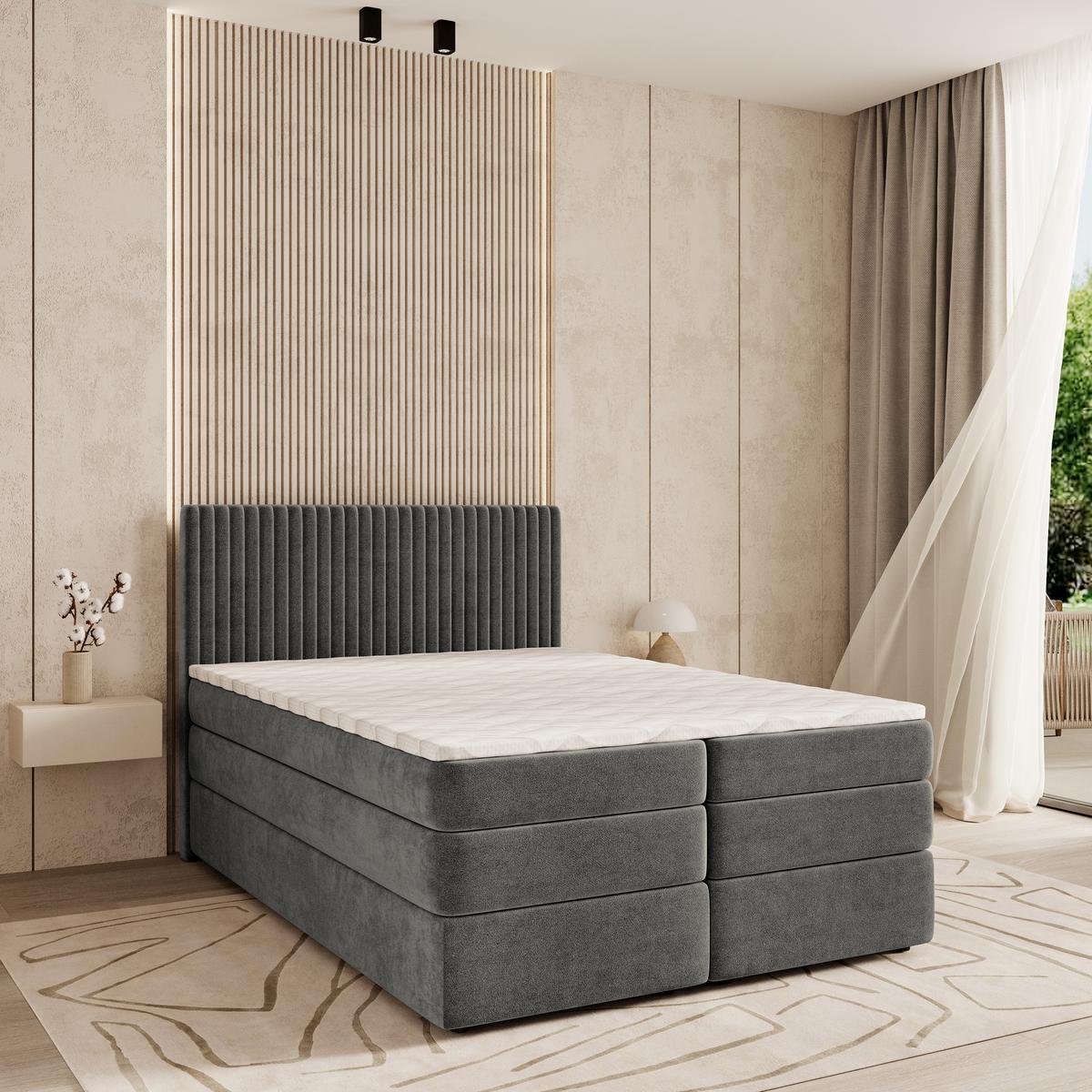 BOXSPRINGBETT FELBIO 180x200 cm mit Matratze und Topper - Grau - Grau, Holz (180/200cm) - MASSENO