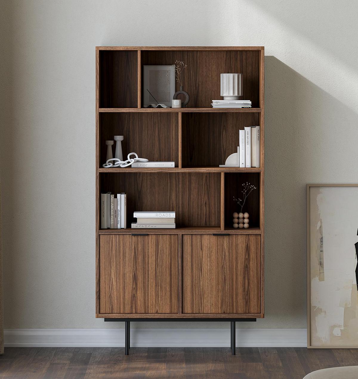 REGAL Nordiva 2T Warmia Walnut 90/185/35 cm – Offene Fächer - Walnussfarben/Schwarz, Holzwerkstoff/Metall (90/185/35cm) - AX Living