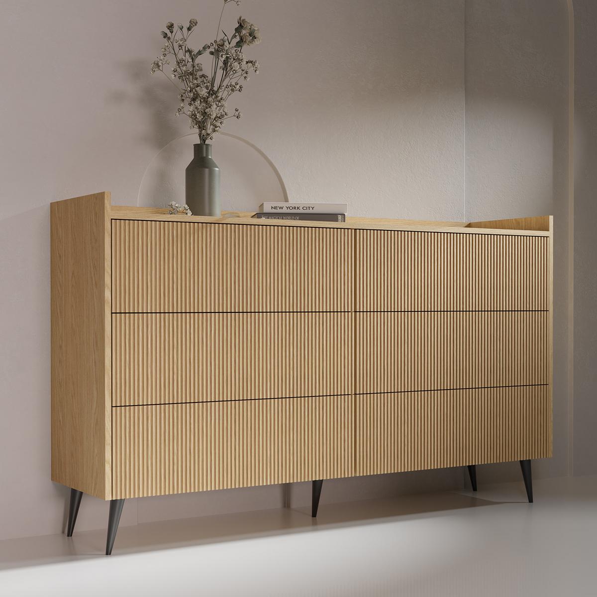 KOMMODE Amfali mit 6 Schubladen, geriffelte Fronten, Push-to-open, Metallbeine, 150 cm, Frühlings-Eiche - Eichefarben/Schwarz, Holzwerkstoff/Metall (150/92/41cm) - Beautysofa