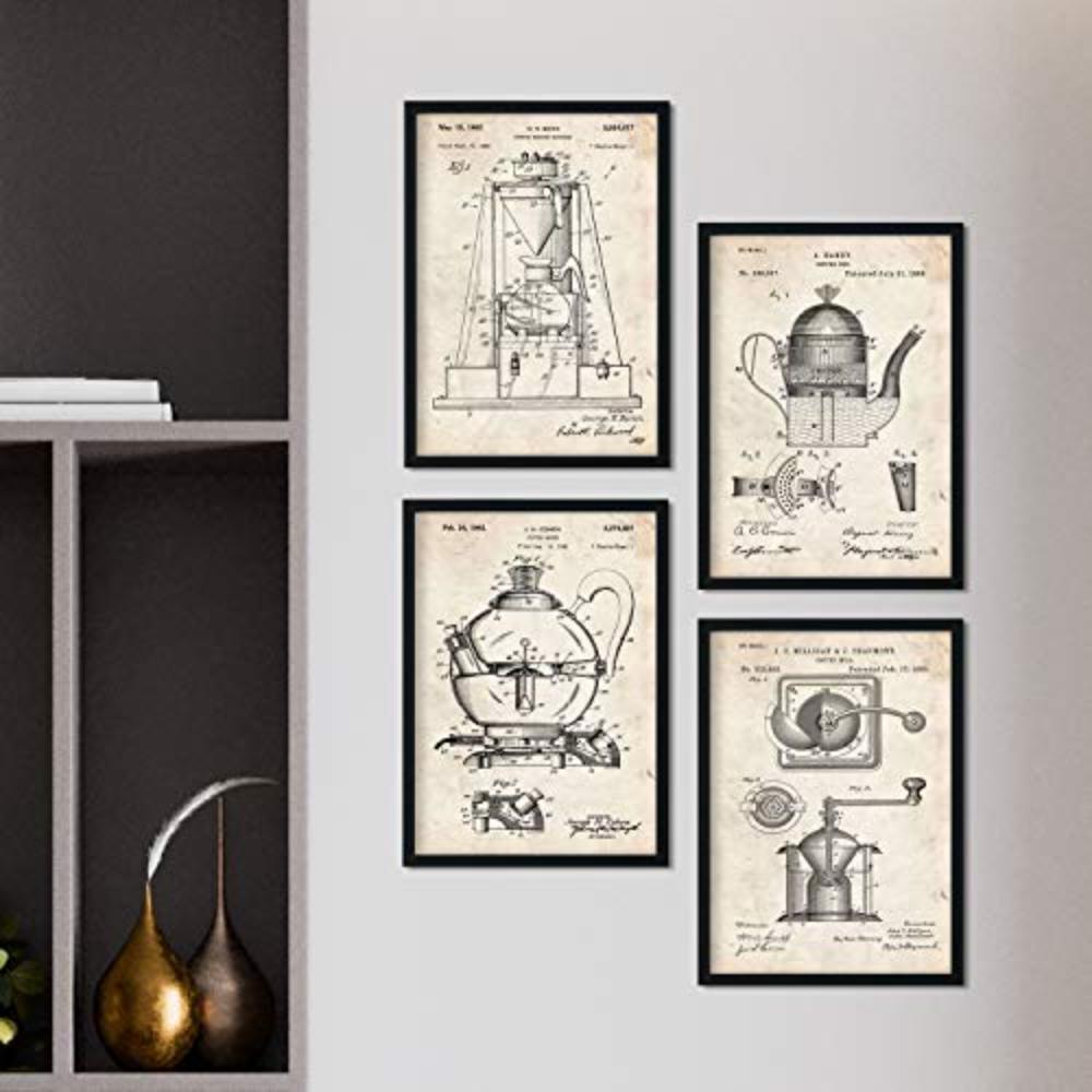 POSTER Set mit 4 Jahrgang cafeteras Patenten A4 Schwarzer Rahmen - Schwarz, Papier (29.7/3cm) - Nacnic