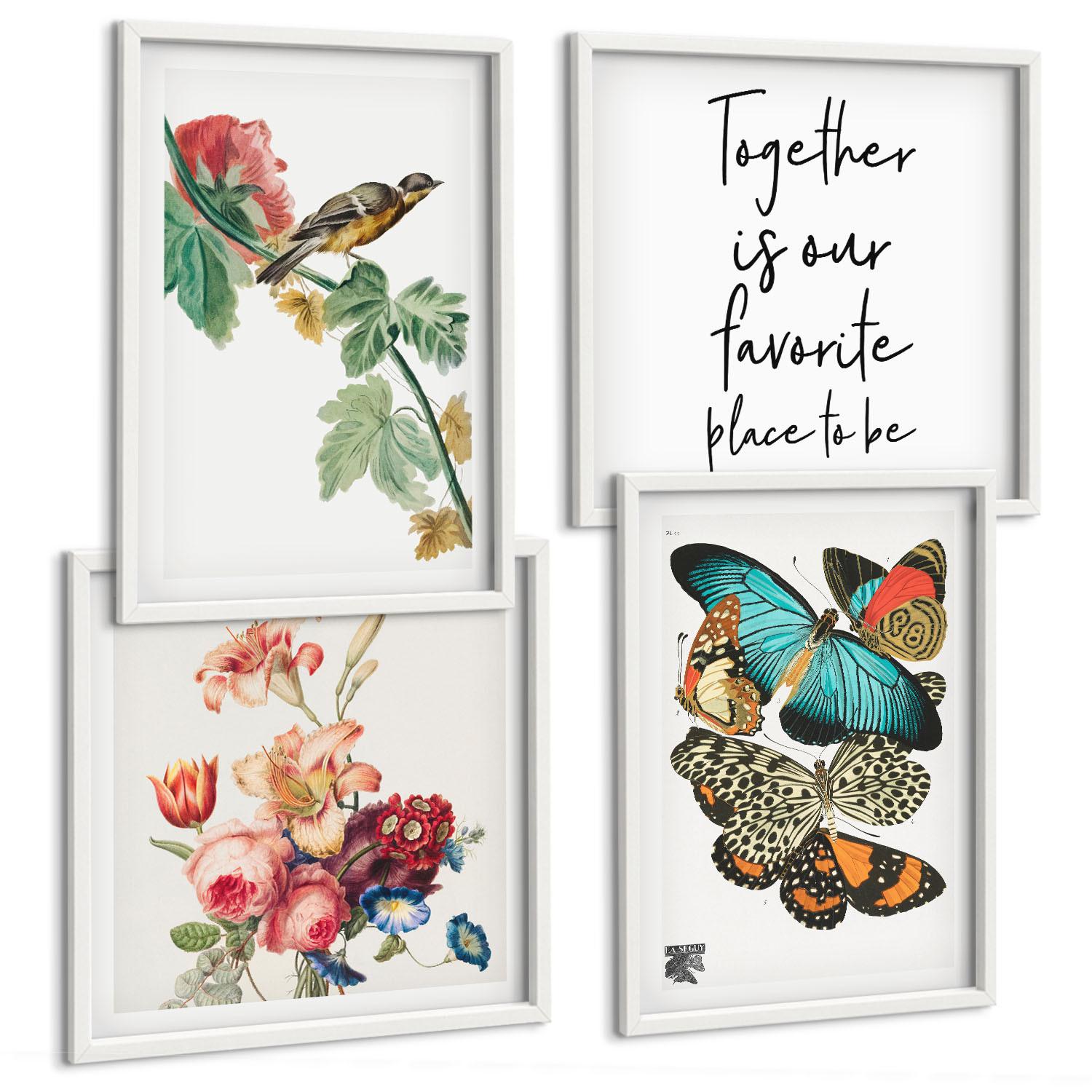 BILDER SET 4er Set - 50x50 cm & 40x60 cm Weißer Rahmen - Blumen, Schmetterlinge, Vögel, Pastellfarben - Weiß, Kunststoff (50/50cm) - TULUP