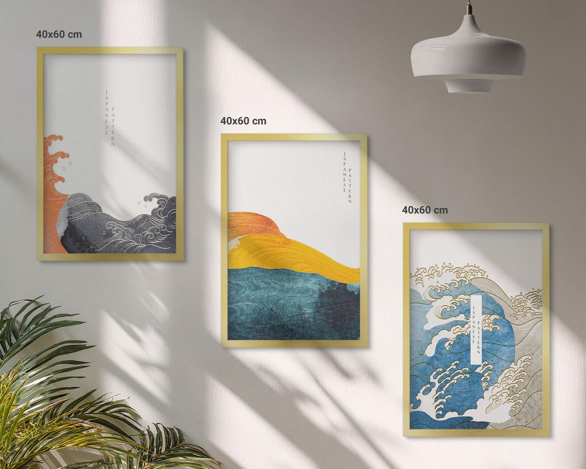 BILDER SET 3er Set - 40x60 cm Goldrahmen - Wellen des japanischen Grafikstils - Goldfarben, Kunststoff (40/60cm) - TULUP