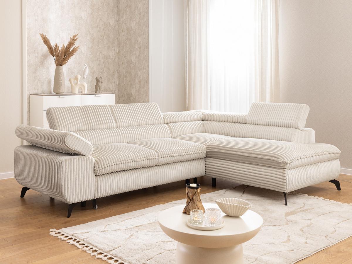ECKSOFA mit Schlaffunktion und Bettkasten Bonnie aus Creme Cord-Stoff mit verstellbaren Kopfstützen und Armlehne - Ottomane rechts - Creme/Schwarz, Holz/Textil (275/210cm) - S-Style