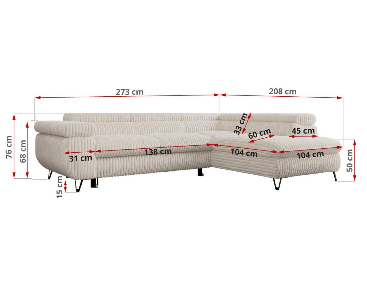 ECKSOFA PETER L Beige Cord - Links Seite - Beige/Schwarz, Textil/Metall (208/273cm) - MKS