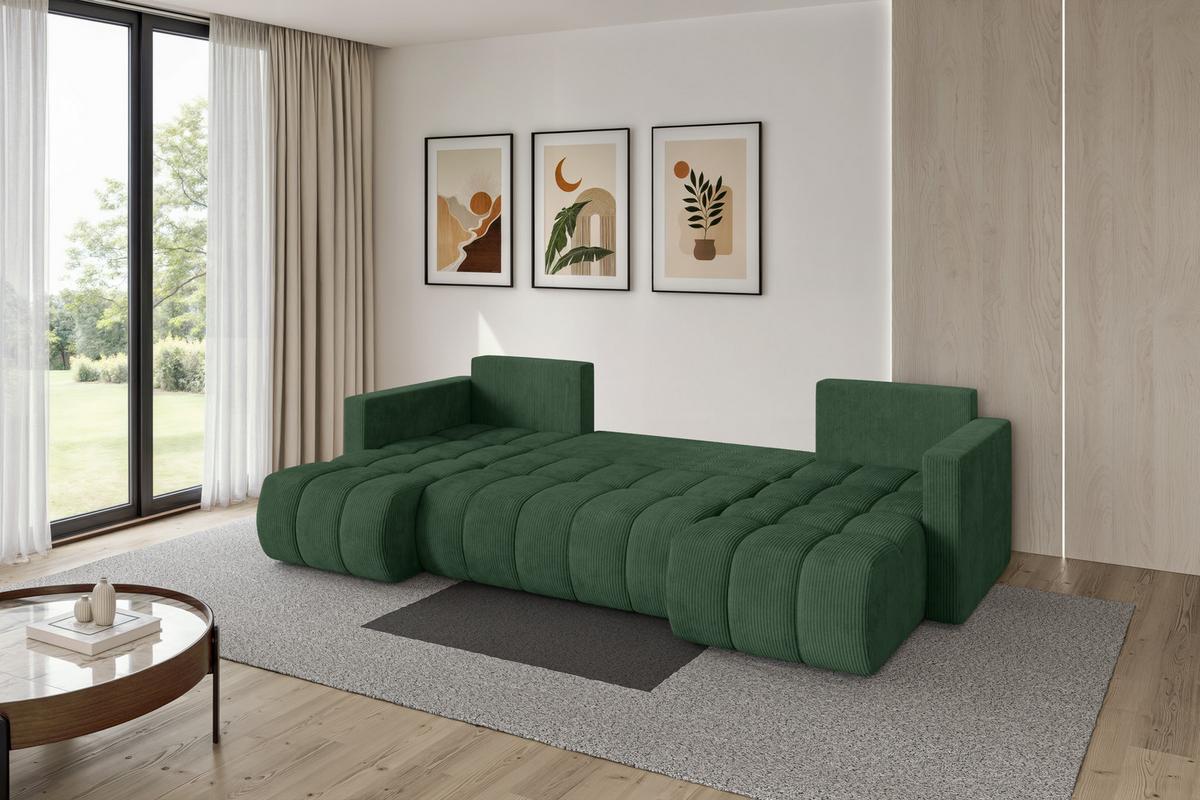 WOHNLANDSCHAFT mit Schlaffunktion und Bettkasten GARD-U 300x146x85 Grün Cord - Dunkelgrün/Schwarz, Holzwerkstoff/Kunststoff (300/85/146cm) - ALTDECOR